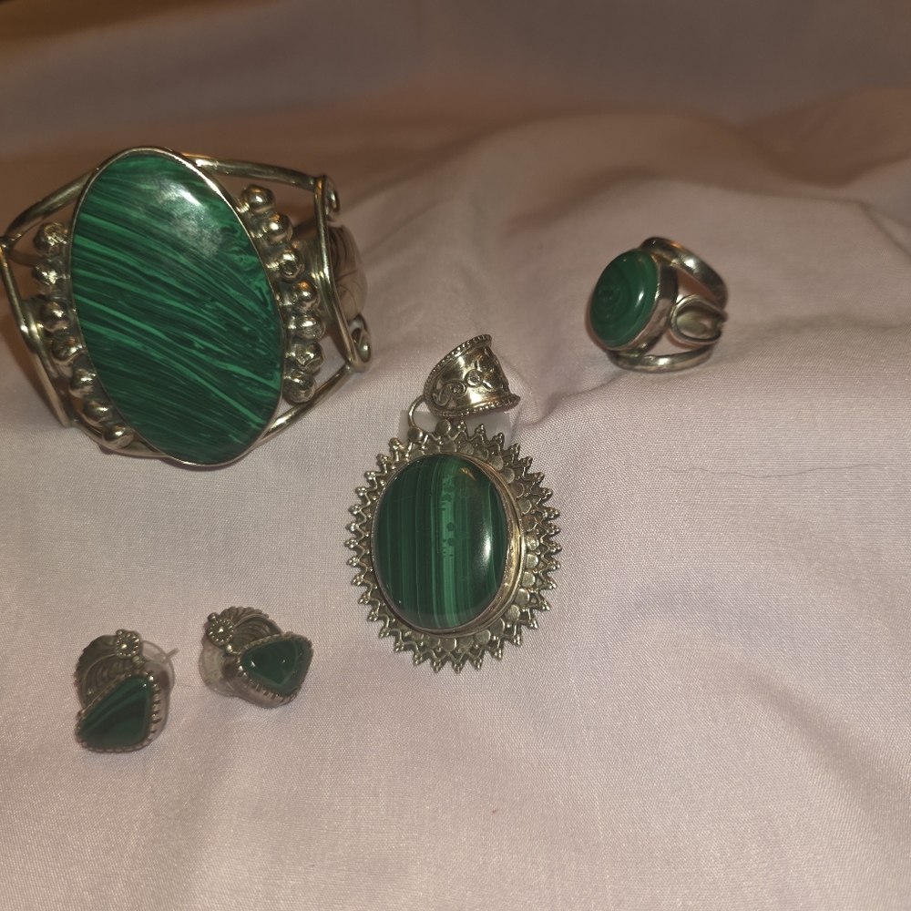 Malachite Sterling Silver Elegant Green Gemstone Jewelry Set